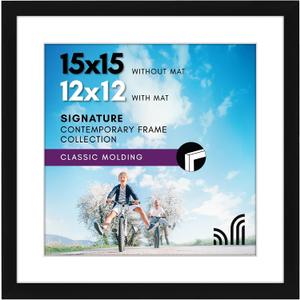 Americanflat 15x15 Picture Frame with Shatter-Resistant Glass - Use as 12x12 Frame with Mat or Display 15x15 Photo Without Mat - Signature Collection - Square Frames for Wall Display - Black