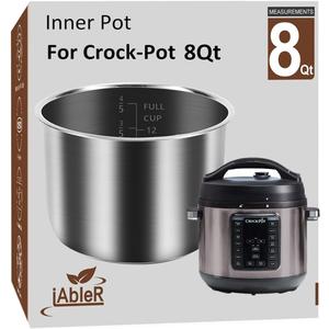 Original Inner Pot for Crock Pot 8 Quart - Stainless Steel Replacement Pot for Crock-Pot 8 Qt Multi-Cooker Crockpot XL Pressure Cooker Accessories Parts