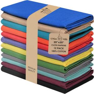 Urban Villa Cloth Napkins 100% Cotton Highly Absorbent Washable Durable Reusable Premium Dinner Napkins Ideal for Gifts for Mothers Day Hotel Farmhouse Parties - Multicolor (20" x 20", Set of 12)