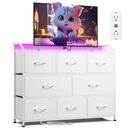 Led Dresser for Bedroom, White Dresser TV Stand for Bedroom with LED Lights and Power Outlet, Wide Chest of Drawers for Hallway, 8 Fabric Drawers for Living Room and Entryway, Easy to Assemble
