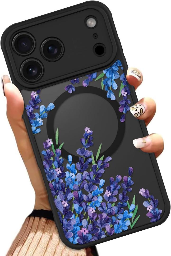 OOK Case for iPhone 17 Pro Max 6.9 Inch (Compatible with MagSafe) Purple Floral Flowers Lavender Design Translucent Phone Cover Soft TPU + Hard PC Anti-Scratch Shockproof Magnetic Cute Case for Women