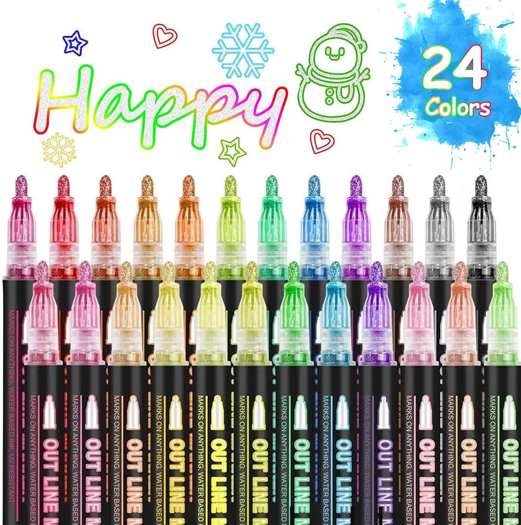 Double Line Outline Markers 24 Colors Super Squiggles Glitter Markers Self Outline Metallic Marker, Doodle Shimmer Marker Drawing Pens for Christmas Greeting Card, Birthday Gift, DIY Art Crafts
