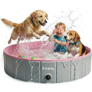 Furrybaby Dog Pool, Kiddie Pool Hard Plastic Foldable Dog Pools for Large Dogs Portable Pet Doggie Wading Swimming (Pink 47'') Indoor and Outdoor