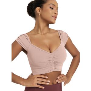 ODODOS Ruched Front Crop Tank for Women V-Neck Cut Out Back Cap Sleeve Cropped Tops, Dusty  (Pink, XL)