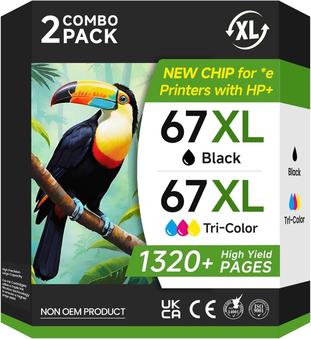 67XL Ink Cartridges Black/Color Combo Pack Compatible for HP Ink 67 67XL Printer Ink for DeskJet 4227e 2855e 2827e 2755e 2700e 2800e 4155e 4255e 2734e 4100 for Envy 6055e 6400 6455e(2 Pack)