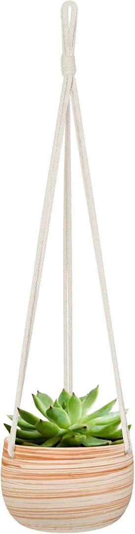 Mkono Ceramic Hanging Planter Macrame Plant Holder 5 Inch Cute Succulent Cactus Pot with Cotton Rope Hanger for Indoor Outdoor Decor, 1 Pack
