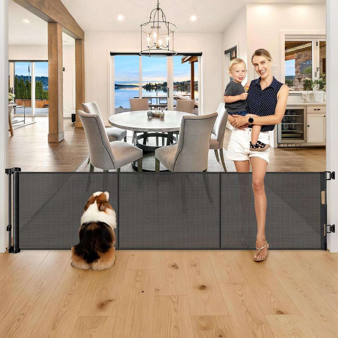 Reinforced 28" Tall Dog Gate 80" Wide Retractable Baby Gate, Easy Step Over Pet Gate Indoor Outdoor Retractable Gate with Support Rods, Short Baby Gate Stair Gate, Puppy Gates for The House, Black
