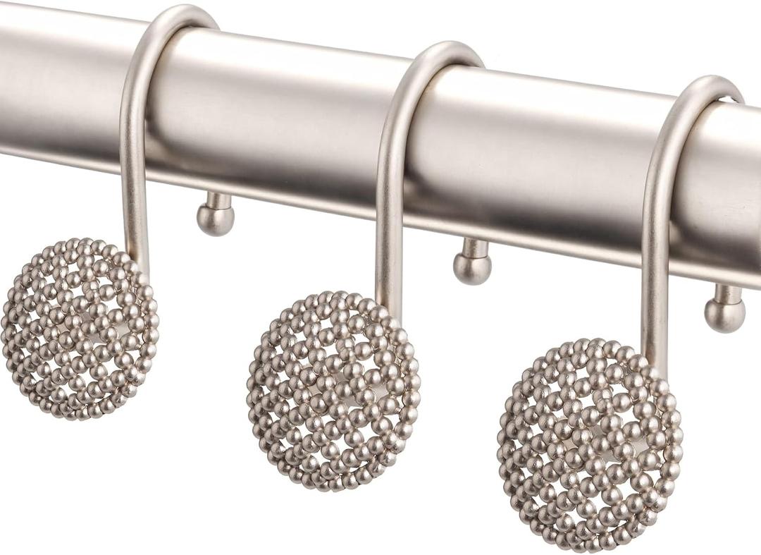 Pearlbee Nickel Shower Curtain Hooks, Rust Proof Shower Curtain Rings for Bathroom, Metal Shower Hooks for Shower Curtain Rod, Modern Decorative Shower Curtain Hangers Set of 12