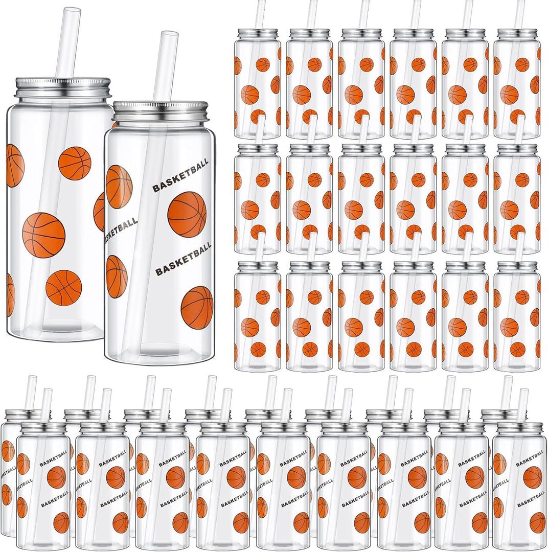 Maxdot 36 Pack 14.2 OZ Basketball Plastic Cups with Lid and Straw Bulk Basketball Cup with Lid and Straw Clear Reusable Plastic Juice Bottles Tumbler for Sport Themed Party Favors Birthday Team Gifts