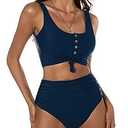 ZAFUL Women's High Waisted Bikini Scoop Neck Swimsuit Two Pieces Bathing Suit DarkBlue M