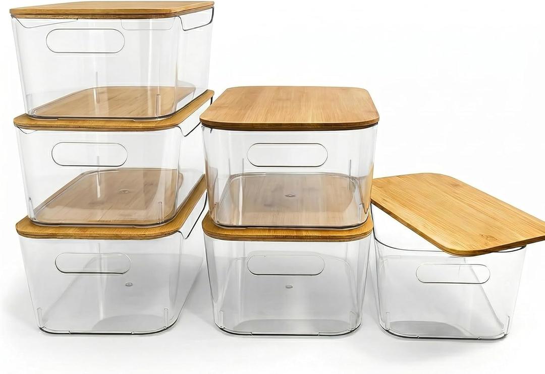6 Pack Clear Storage Bins with Bamboo Lids - Stackable Pantry Organization and Storage Containers with Handles - 3.7L Large BPA-Free Plastic Organizer for Kitchen, Fridge, Bathroom & Closet