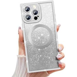 Misscase Magnetic Glitter Case for iPhone 16 Pro 6.3 Inch, Camera Protection, Compatible with MagSafe, Rectangle Cute Bling Sparkle Diamond Colorful Phone Cover, Drop-Tested & Shockproof-Silver