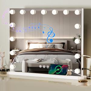 Vanity Mirror with Lights and Bluetooth, Hollywood Mirror for Desk/Wall-Mount, 3 Color Modes Light up Mirror with 15 LED Bulbs USB Charging Port and 10X Magnification, Gifts for Women, 23"X18"