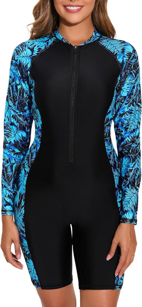 Halcurt Women's Boyleg One Piece Rash Guard with Built in Bra Zip Front UPF50+ Long Sleeve Full Body Surfing Swimsuit (Medium, Black/Green Palm Leaves)
