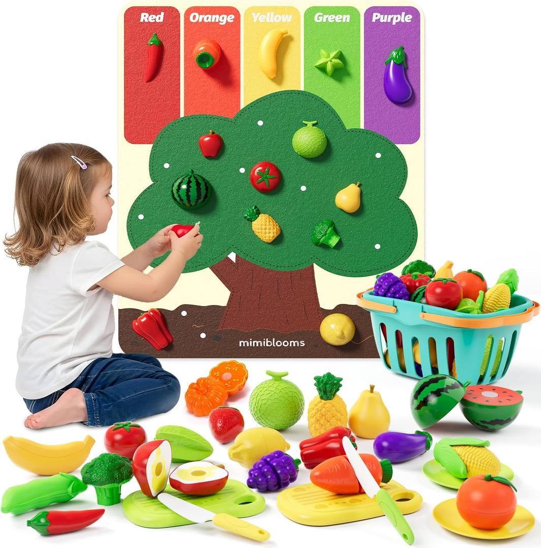 Play Food Set with Cutting Fruits&Felt Tree Mat, Pretend Food Play Kitchen Accessories, Toy Kitchen Food Playset for Toddlers, Preschool Learning Toys for Kids Ages 3 4 5 6 Boys Girls Gift, Child-size