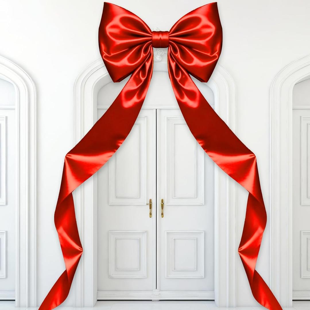 Extra Large Wedding Bow Decor 118 x 29 Inch Giant Satin Bows with Long Streamer Large Bow Themed Party Decoration for Arch Wall Christmas Bachelorette Birthday Bridal Shower Door Decoration(Red)