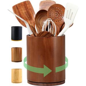 Wooden Utensil Holder, 360°Rotating 7.3'' Large Utensil Holder for Kitchen Counter, Kitchen Utensil Organizer, Utensil Crock, Farmhouse Kitchens Countertop Decor, Walnut-finish