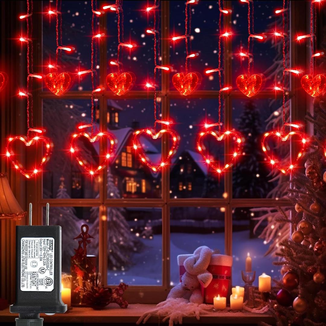 Valentine's Day Red Curtain Lights with 12 Hearts, 138 LED Heart-shaped String Lights 8 Lighting Modes, Plug in Waterproof Valentines Day Lights for Indoor Outdoor Party Wedding Valentine's Day Decor