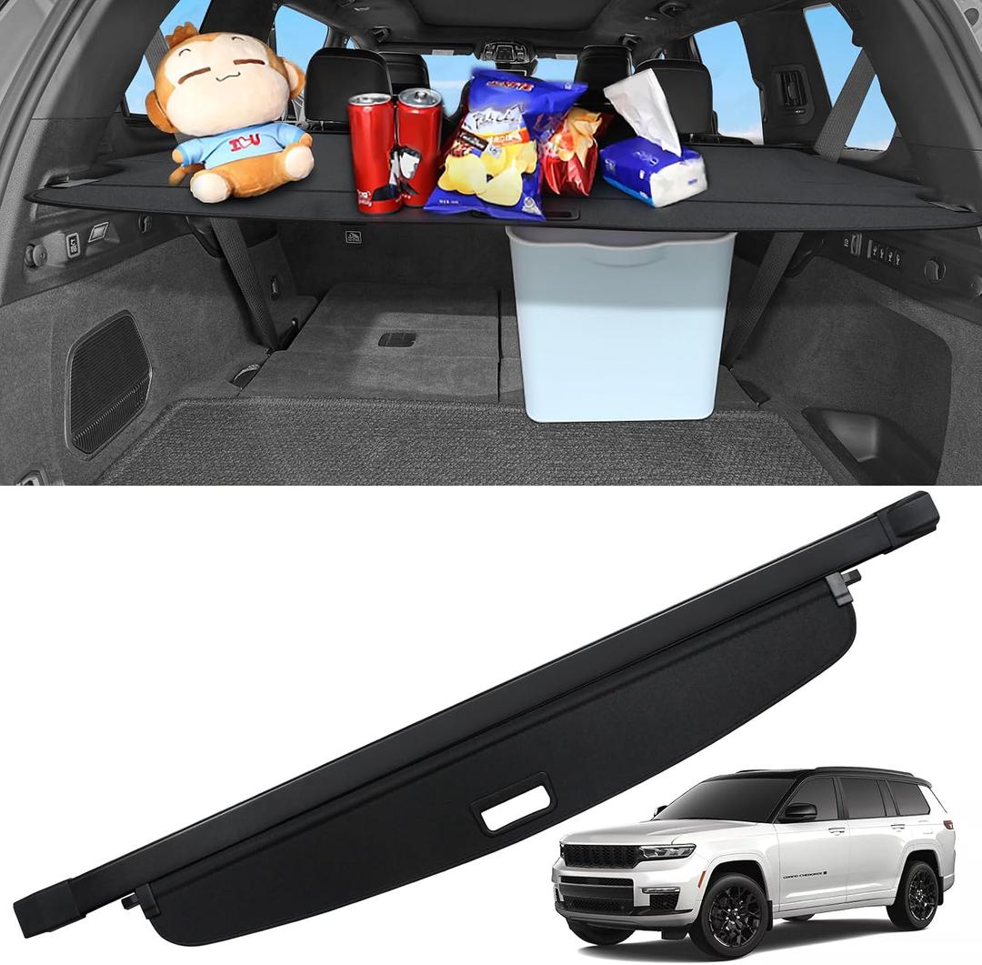 Sze Cargo Cover for Jeep Grand Cherokee L 2021-2024 2025 2026 (3 Row,WL) Accessories Retractable Trunk Cover Black Rear Trunk Security Cover Shielding Shade Waterproof-New Upgrade