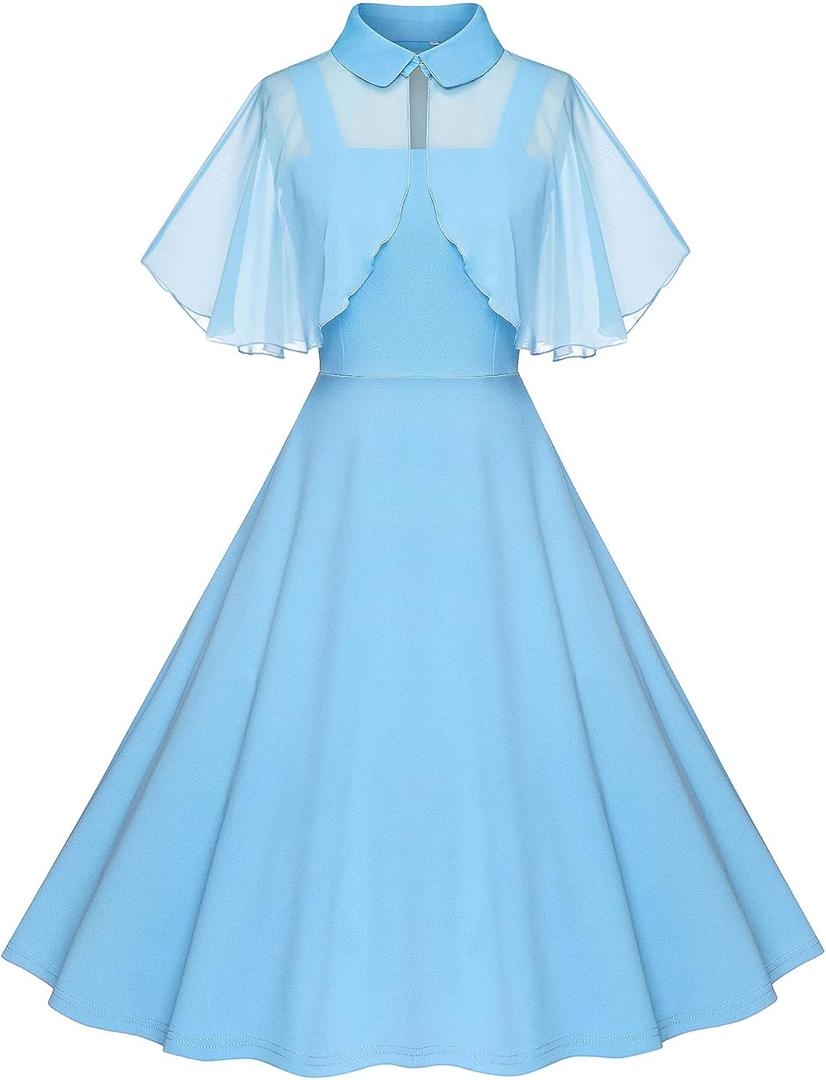 1950s Dresses for Women Vintage Goth Swing Cocktail Dress with Pockets and Chiffon Shawl (3X-Large, Light Blue)
