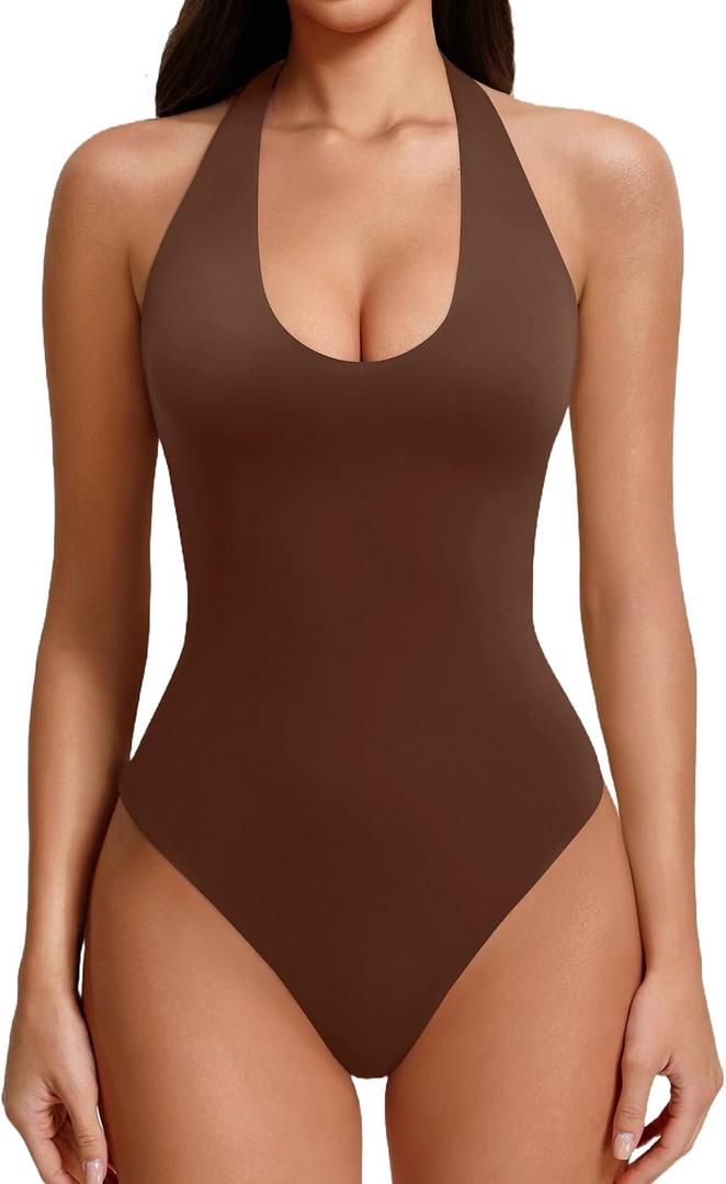 Avidlove Women's Sexy Halter Bodysuit Going Out Backless Tank Top Sleeveless Thong Body Suits Summer Outfits (Brown, XS)