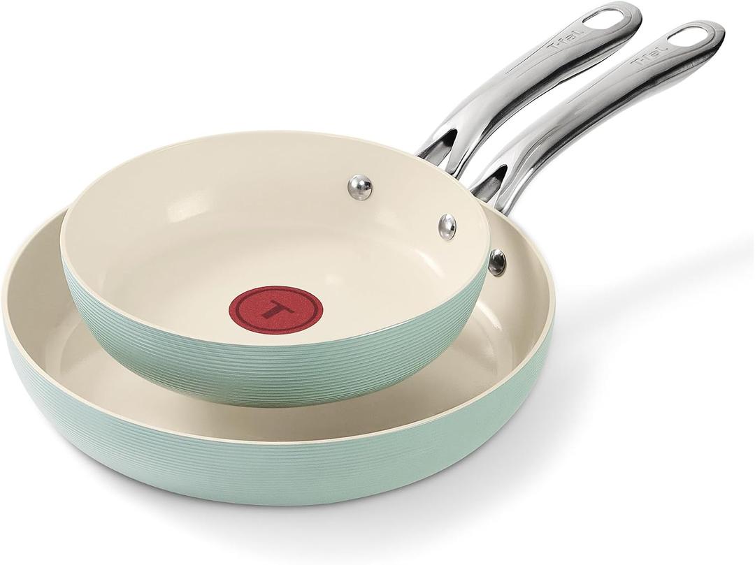 T-Fal Inspire Ceramic Nonstick Frying Pan 2-Pc Set, 8" & 10", Oven Broiler Safe up to 50F Cookware, Ceramic Frying Pan Skillet, Pots & Pans, Mint Green