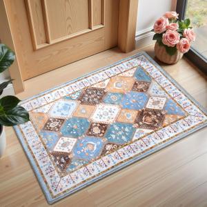 Blue Small Washable Area Rug for Entryway, 2x3 Boho Non-Slip Indoor Kitchen Rugs, Moroccan Floral Trellis Carpet Soft Low Pile Vintage Throw Mat for Bedroom Bathroom Front Door