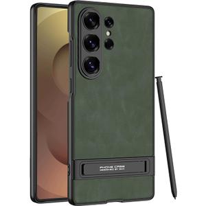 Leather Case for Samsung Galaxy S26 Ultra with Invisible Kickstand, Slim Luxury Vegan PU Leather & Hard PC Anti-Slip Rugged Shockproof Protective Cover for Samsung Galaxy S26 Ultra(Green)