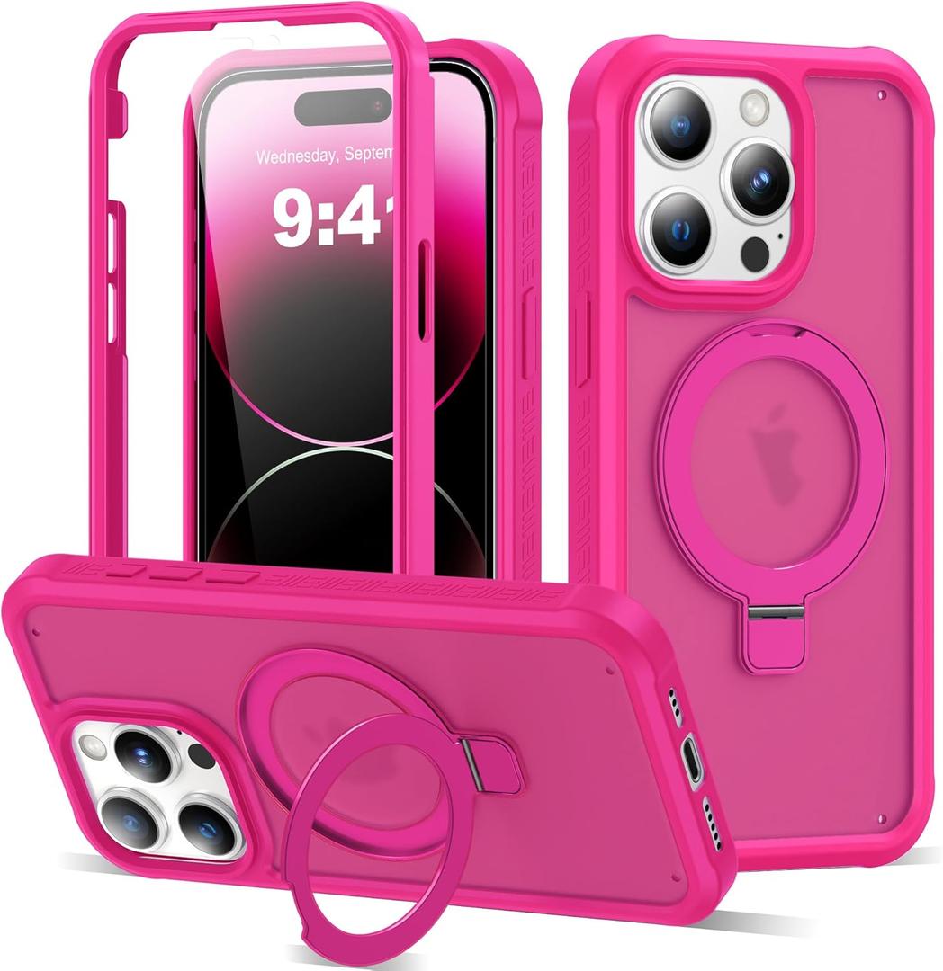 Compatible with iPhone 14 Pro Max Case with Magnetic Ring Stand [Compatible with Mag-Safe] [Built-in Screen Protector] Military-Grade Drop Protection Matte Translucent Phone Case, Rose Red
