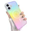 Heaofei Cute Case for iPhone 16 Case for Women Girls [Compatible with Magsafe] Aesthetic Girly Glitter Bling Rainbow Magnetic Protective Phone Cover, Translucent Iridescent Blue & Pink