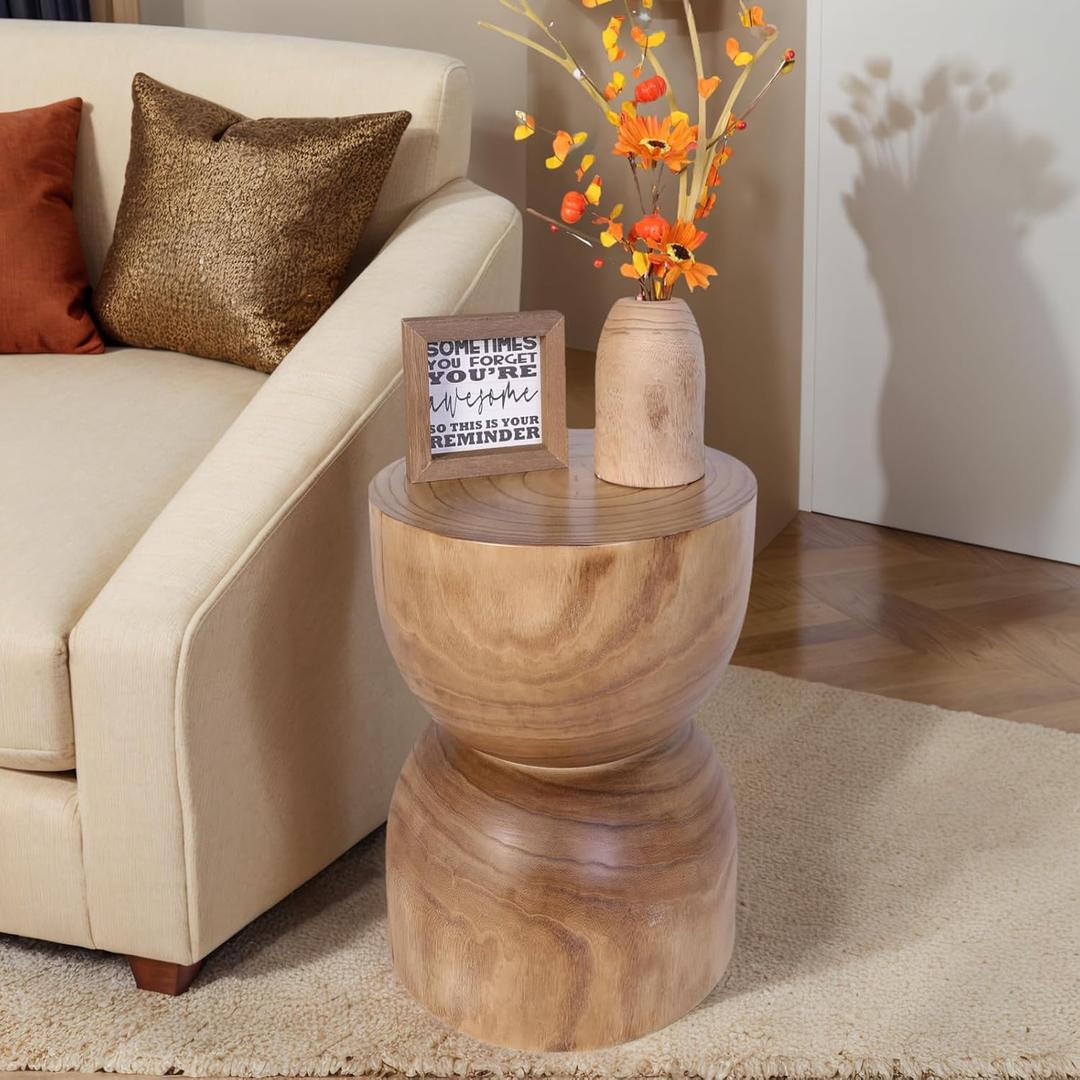 Athaliah Wooden Side Table, 15.75" Hand Carved Rustic Wood Tree Stump End Table, Natural Paulownia Wood Round Coffee Table, Indoor Outdoor Wood Stump Stool for Living Room, Bedroom, Garden, Patio