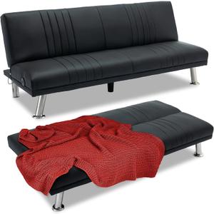 VECELO Modern Couch Bed, Convertible Sofa Bed/Folding Sleeper Couches Faux Leather Futon for Living Room, Futon Sofa Bed, Black