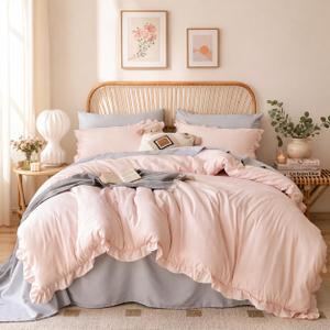 JANZAA Blush Pink Comforter Set Full Soft Microfiber, Lightweight All Season Bedding, Ruffle Shabby Chic Aesthetic, Breathable Cozy Bed Set with 2 Pillow Shams, Machine Washable
