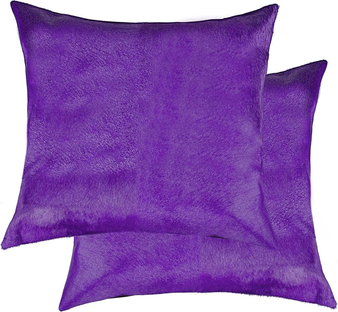 Natural Torino Cowhide Throw Pillows with Poly Insert | Accent Pillows Handcrafted from 100% Cow Hide, Purple, Set of 2, 18 in x 18 in