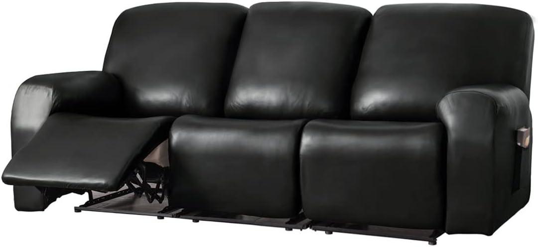 vctops 8 Pieces Waterproof Faux PU Leather Recliner Sofa Covers Stretch Soft 3 Seats Couch Cover Anti-Slip Sofa Slipcover Furniture Protector with Elastic Bottom for Kids Pet(Black,3 Seat)
