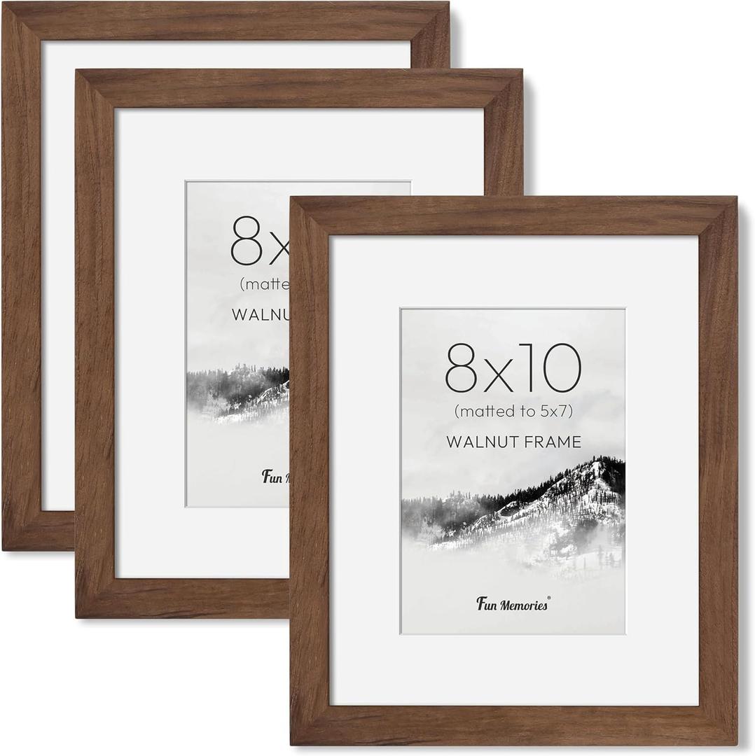 8x10 Picture Frame, USA-Sourced Walnut Wood Photo Frames 8 by 10 with HD Tempered Glass, 8 x 10 Wood Frames for Home Decor, Rustic 8x10 Frame Matted to 5x7, Wall & Tabletop Display, 3 Pack