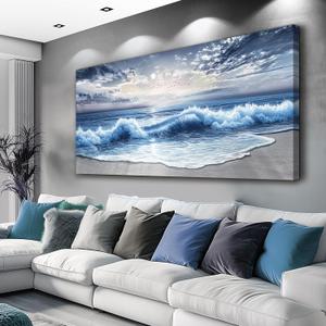 VXMXFTE Wall Decoration For Bedroom Large Natural Scenery Canvas Painting Wall Art For Living Room Dining Room Blue Ocean Wave Painting Printed Artworks Suitable Offices Corridor Home Decor 24x48In