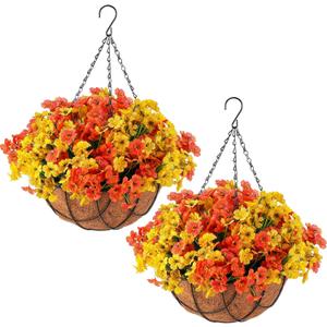 Artificial Fall Hanging Flowers Basket for Outdoor Decoration Faux Orchid Arrangement Porch Plants Coconut Lining Basket for Autumn Courtyard Decor(Yellow, Orange,2 Pack)