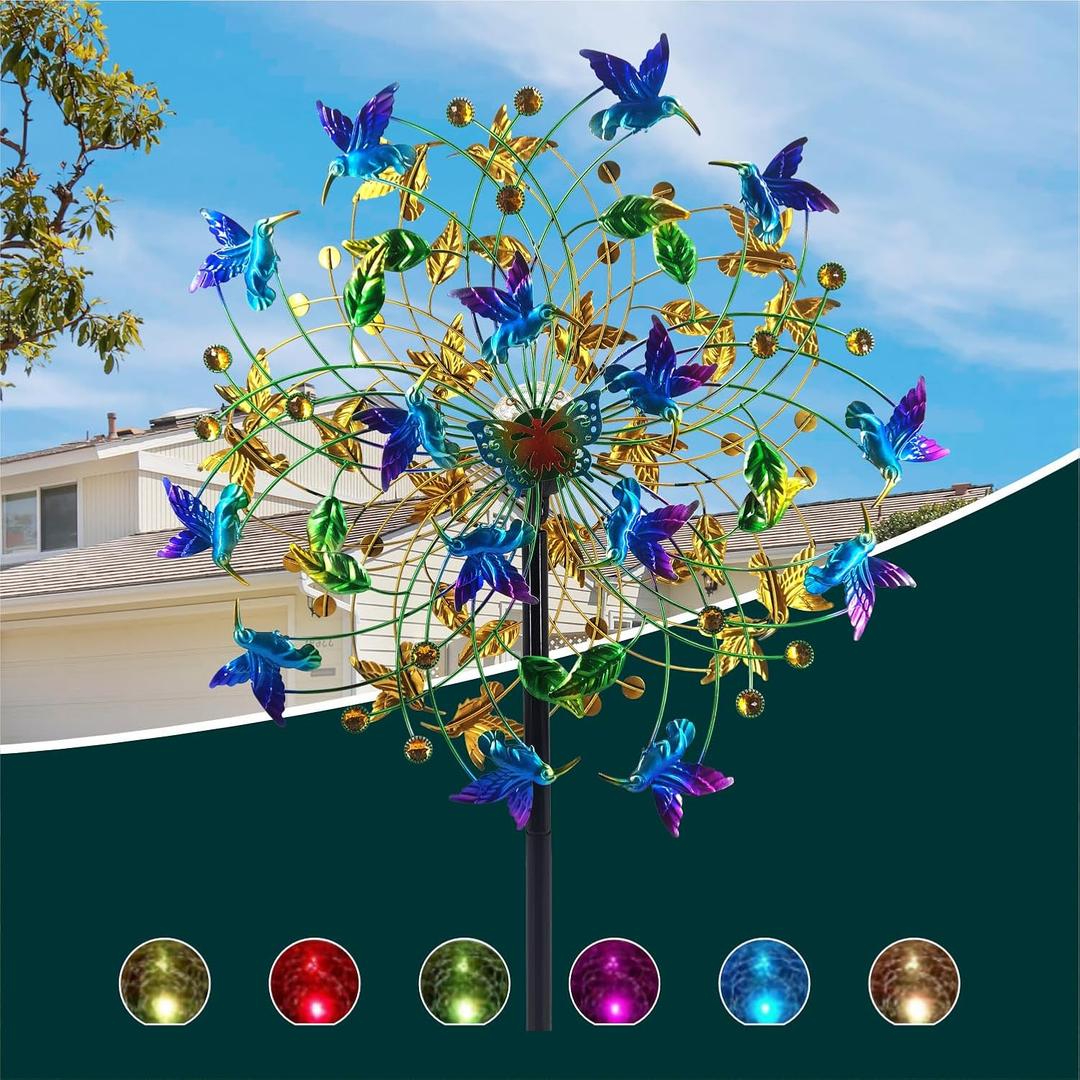 Outdoor Wind Spinner with Garden Stake 82.7" Metal Two-Way Wind Sculptures Solar Color Changing Lights Large Windmills for Garden,Patio,Yard,Lawn Decor Gifts Bird (blue and purple)