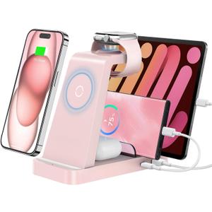 GAUOLN Wireless Charger for iPhone - 5 in 1 Charging Station for Multiple Devices Apple: Wireless Charging Stand Dock for iPhone 17 16e 16 15 14 13 12 Pro Max Apple Watch Airpods (Pink)