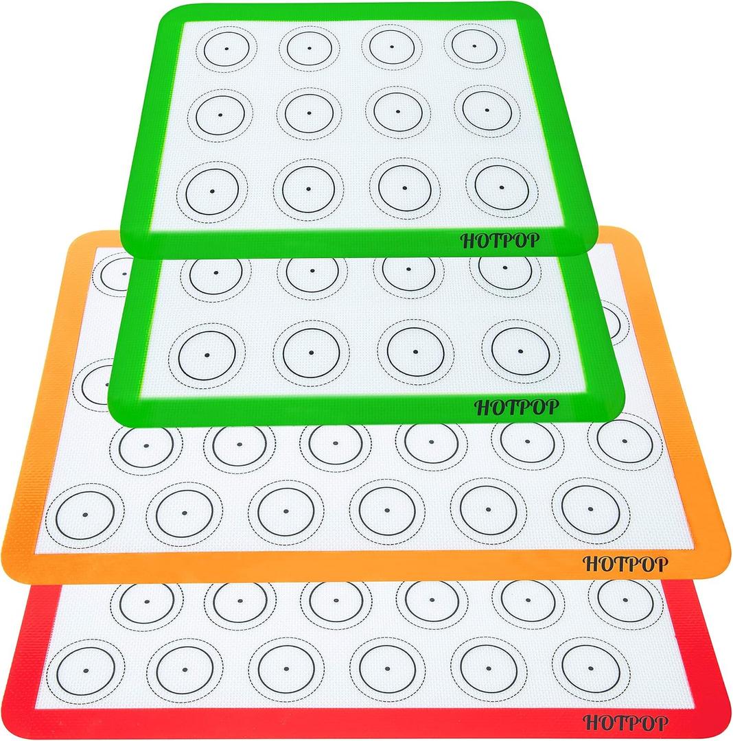 Set of 4 Reusable Macaron Cookie Sheet Baking Mats 0.75mm by HOTPOP (2 Half Sheets and 2 Quarter Sheets), Non Stick Baking Mats for Cookie Sheets (2 Half Sheets + 2 Quarter Sheets)