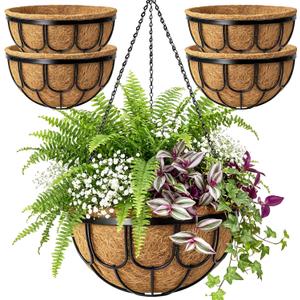 3 x 4 Pack 14 Inch Hanging Planters for Outdoor Plants, Black Metal Wire Hanging Flower Baskets with Coco Coir Liner, Large Hanging Plant Pots for Garden, Patio, Balcony, Indoor Home Decor