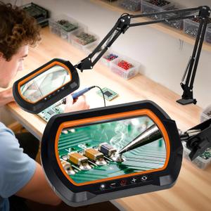 HITTI 12X Square Magnifying Glass with Light and Clamp, Hands-Free Lighted Stand with Ultra Long 3-Section Arm | 5 Color Modes & Stepless Dimming LED Desk Lamp for Workbench, Crafting, Reading, Yellow