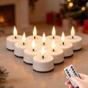White Flameless Wax Tealights with Remote Batteries, Flickering LED Votive Candles Set of 10