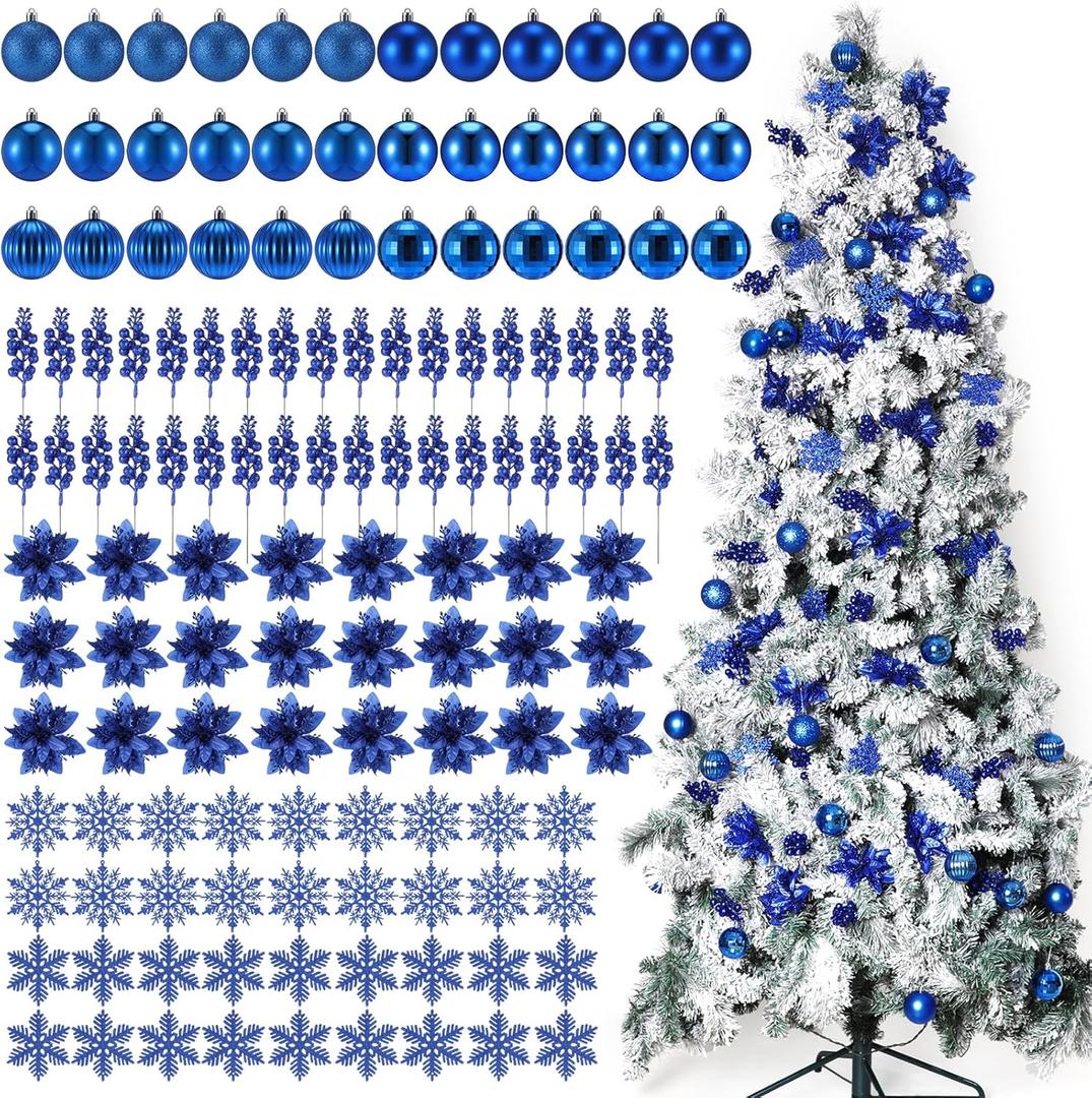 Ceenna 132 Pcs Christmas Tree Ornaments Set Glitter Poinsettia Flowers 2.36 inch Christmas Balls Snowflakes Decorations Artificial Berry Picks for Xmas Tree Wreath, Hooks Included(Blue)