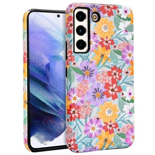 J.west for Galaxy S22 Case 6.1 inch Slim Dual-Layer Protective Design Phone Cases Vintage Floral Print Hybrid Shockproof Bumper Anti-Scratch Cover for Girls Women Pink Spring