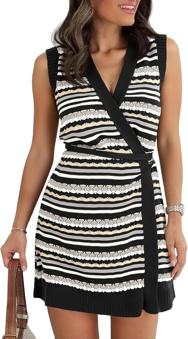 Saodimallsu Womens Wrap V Neck Mini Dress Striped Sleeveless Crochet Knit Tie Waist Beach Boho Cover Up Dresses (S)