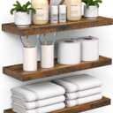 BAYKA Floating Shelves for Wall  Bathroom Shelves Rustic Wood with Metal Brackets for Bathroom, Bedroom, Kitchen, or Living Room Decor  Rustic Brown, Set of 3, Sturdy Storage with 22lb Capacity (15.7inches)