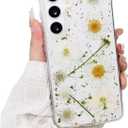 Compatible with Samsung Galaxy S25 5G Case,Cute Kawii Pressed Dried Real Flower Glitter Clear Design Shockproof Hard TPU Protective Cover for Samsung S25 6.2",White Flower