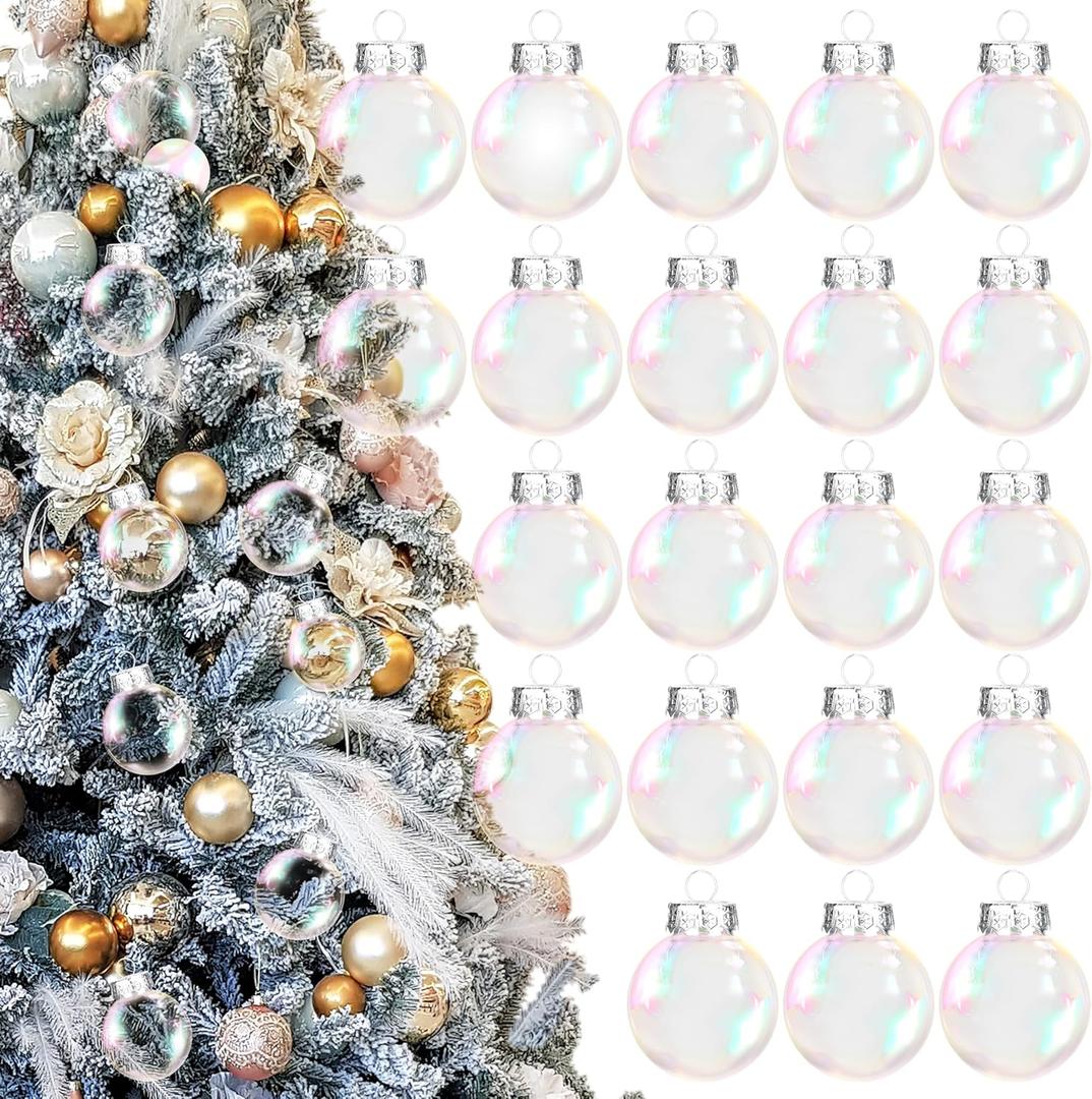 30Pcs Christmas Iridescent Ornaments Balls, 2.4" Transparent Plastic Ornaments with Removable Silver Cap Hanging Cords for Xmas Holiday Home Party Decor DIY Crafts